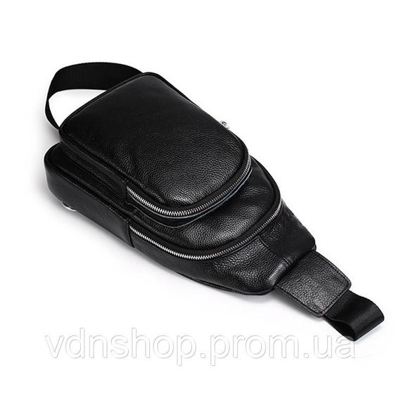 Чоловічий слінг шкіряний 32х18х8, сумка рюкзак на плече зерниста, бананка для документів23242 чорна | Зображення 6