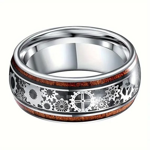 Модное мужское кольцо с деревянным узором и механической шестеренкой из нержавеющей стали размер 17 | Зображення 7