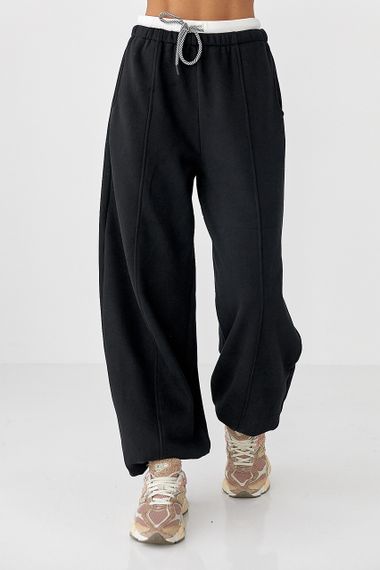 Теплі спортивні штани палаццо з подвійним поясом - чорний цвет, XL (є розміри)