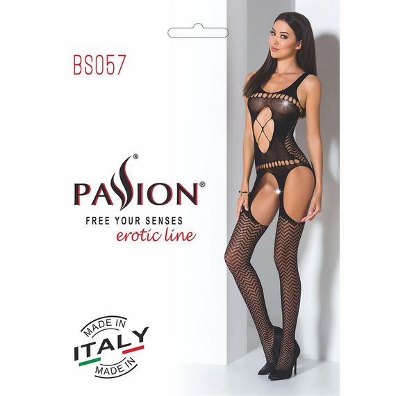 Бодістокінг Passion BS057 black, комбінезон, імітація панчох і пояса, S/M/L | Зображення 6