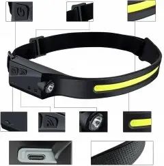 Легкий налобний ліхтар LED+COB з датчиком руху та червоним світлом (чорний) | Зображення 1