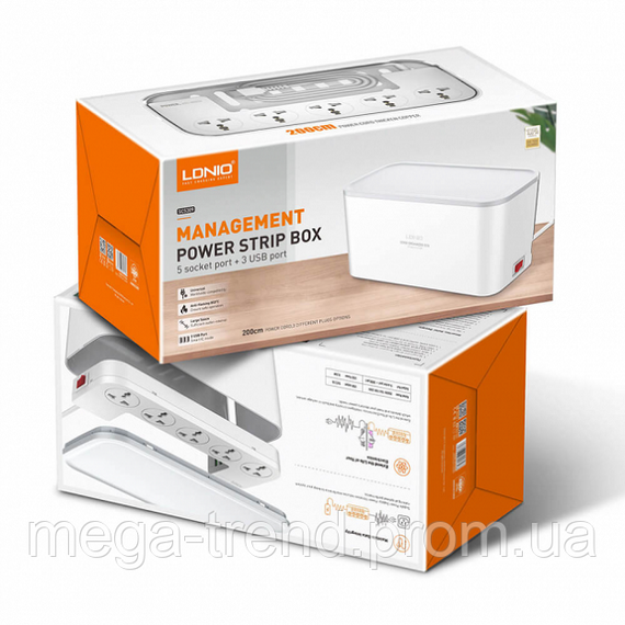 Подовжувач мережевий 2 метри Ldnio Management Power Strip Box  ⁇ 2500W, 3USB, 5 Sockets, 3.1 A ⁇  мережевий фільтр | Зображення 9