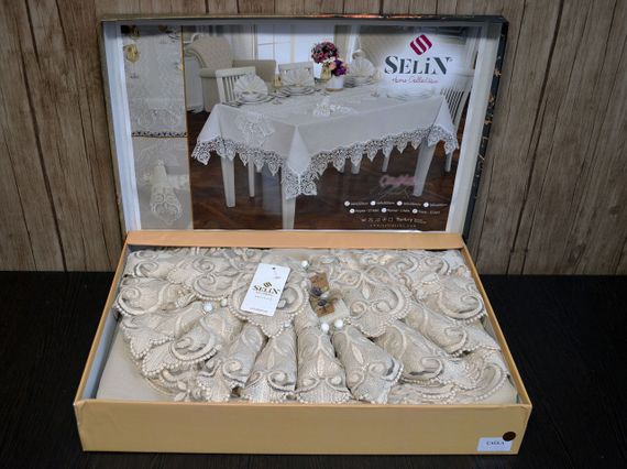 Лляна скатертина з ранером Selin Cagla Set 160×350+12 серветок Бежева | Зображення 1
