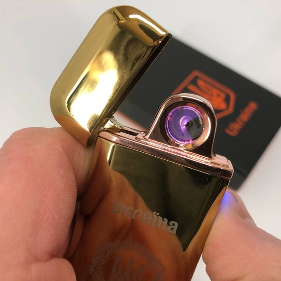 Дугова електроімпульсна запальничка USB Герб України індикатор заряду, ліхтарик HL-442. Колір: золотий | Зображення 1