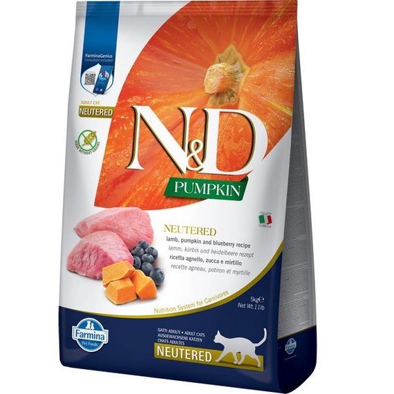 Сухий корм з ягнятиною для стерилізованих котів Farmina N&D Pumpkin Lamb&Blueberry Neutered Adult, 5 кг