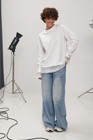 Вільний лонгслів з рюшами - молочний цвет, ONE SIZE (є розміри) | Зображення 2