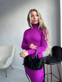 Женское вязаное платье-гольф в обтяжку теплое NO6599 размер единый 42-50 цвет яркая фуксия