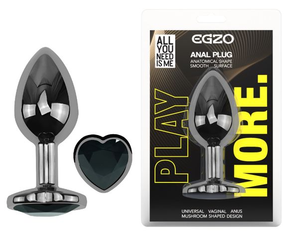 Анальна пробка з кристалом EGZO - Dark Silver Heart Plug Black size M Sex Aura