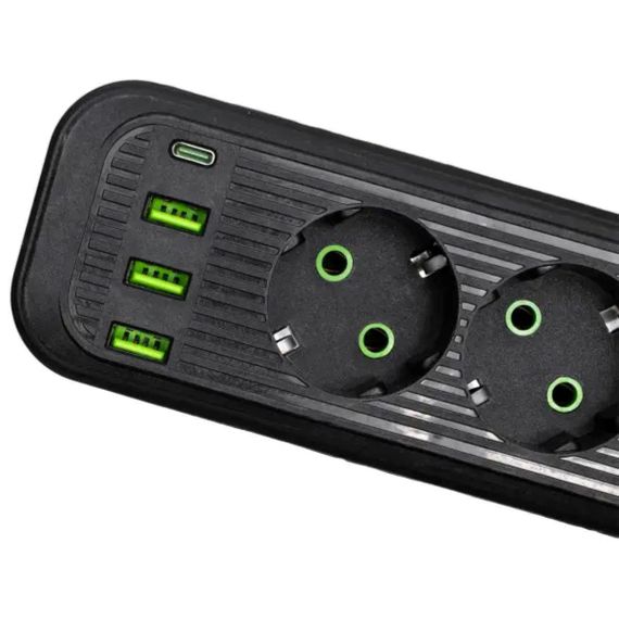 Мережевий фільтр-подовжувач 4 розетки 3xUSB-A 1xUSB-C 3м чорний HP-5-38M | Зображення 2
