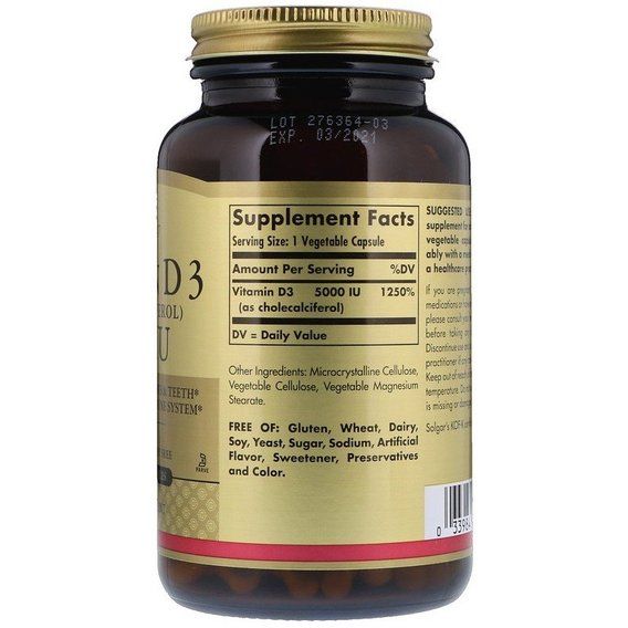 Витамин D Solgar Vitamin D3 (Cholecalciferol) 5000 IU 60 Veg Caps SOL-03312 | Зображення 2