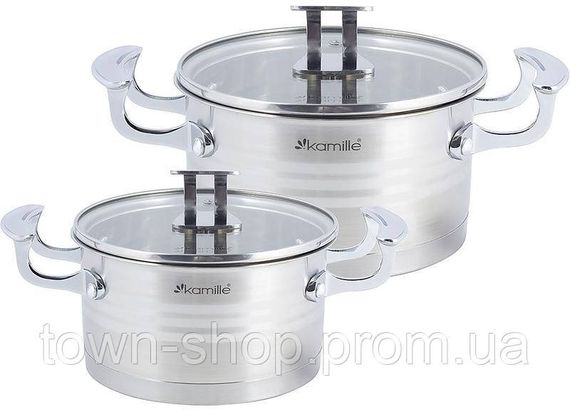 Набор 2 кастрюли Kamille Casserote 1.5л и 2.4л из нержавеющей стали со стеклянными крышками KM-5860