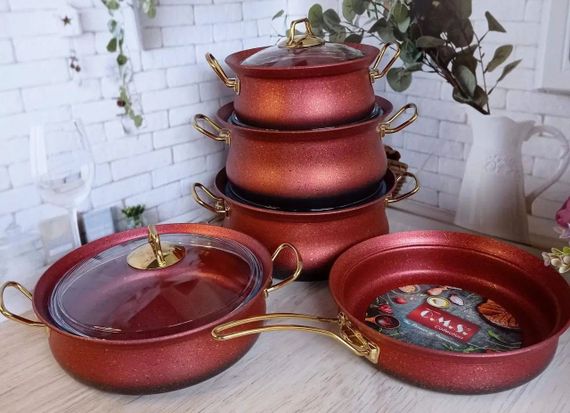 Набір посуду каструль преміум класу O.M.S. Collection 3045 з гранітним покриттям з кришками Червоний (Туреччина) | Зображення 1