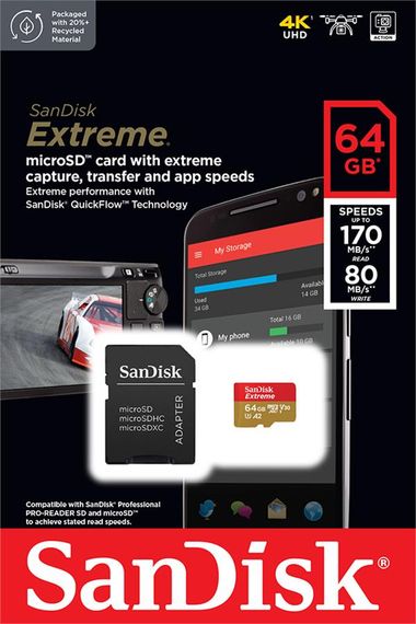 Карта пам'яті SanDisk microSD 64GB C10 UHS-I U3 R170/W80MB/s Extreme V30 + SD (SDSQXAH-064G-GN6MA) | Зображення 6