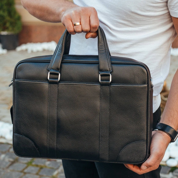 Шкіряна чоловіча сумка для документів та ноутбука чорна SL-21511