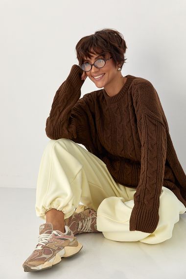 Вільна в'язана кофта в косички - коричневий цвет, ONE SIZE (є розміри) | Зображення 2