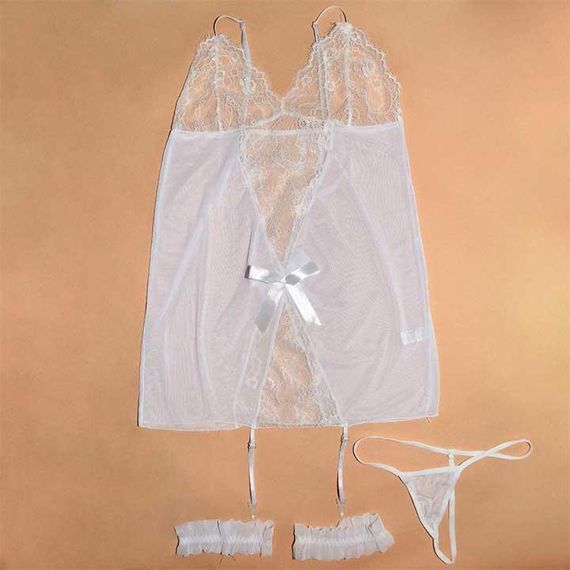 Коротенький пеньюар із підв'язками для панчіх білий XS-S — Еротична білизна | Зображення 3