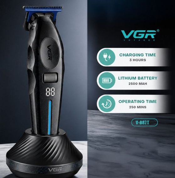 Тример для стрижки волосся VGR V-887T роторний LED-дисплей 3 насадки керамічні леза з підставкою 5 Вт Чорний | Зображення 3