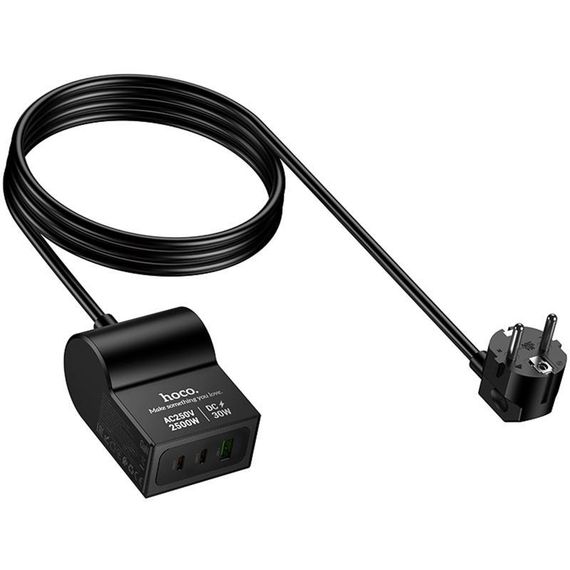 МЗП Hoco AC33 Win 1 position 30W QC+PD (1USB-A/2C/1Socket) (1.5m) Black | Зображення 5