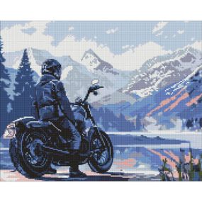 Алмазна мозаїка "Мотоцикліст у горах" Ідейка AMO8037, 40х50 см