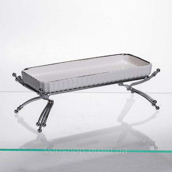 Порцелянове блюдо для сервірування на металевій підставці 37×18×5 (см) блюдо для подачі закусок Білий зі сріблом LB-1566S | Зображення 1