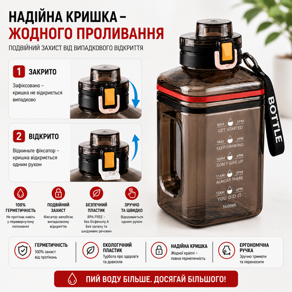 Спортивная Бутылка 2200 мл (Gallon) из черного прозрачного и безопасного пластика (BPA Free) | Зображення 5