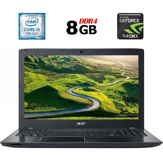 Ноутбук Acer Aspire E 15 E5-575G-587V / 15.6" (1366x768) TN / Intel Core i5-7200U (2 (4) ядра по 2.5 - 3.1 GHz) / 8 GB DDR4 / 250 GB SSD / nVidia GeForce 940MX, 2 GB GDDR5, 64-bit / WebCam / DVD-RW б/у