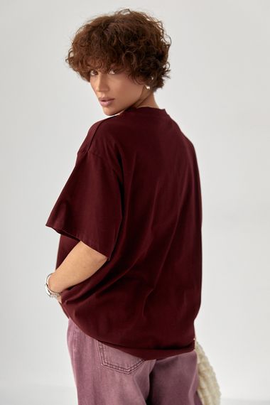 Футболка вільного фасону з вишитими написами - бордо цвет, ONE SIZE (є розміри) | Зображення 1