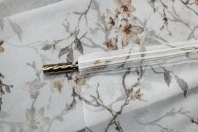 Тюль льон сакура з обважнювачем, білий із коричневим, принт із квітами, у зал, спальню, вітальню, кухню