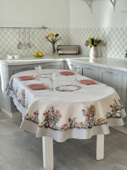 Скатертина гобеленова овальна OVAL1289GR-240 Limaso, 137х240, Овальна, Великодній, Без люрексу, 75% поліестер, 22% бавовна, 3% акрил, Гобелен | Зображення 1