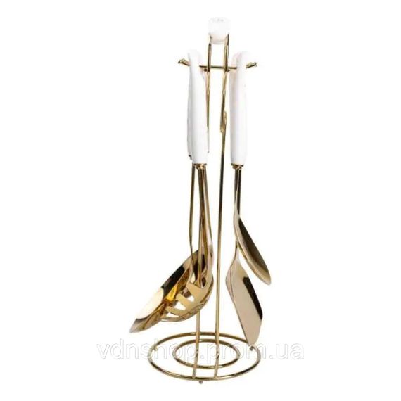 Набір кухонного приладдя 7 предметів на підставці столові прилади з нержавіючої сталі Золото з білим HP-20-7 | Зображення 4