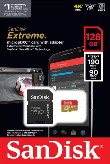 Карта пам'яті SanDisk microSD 128GB C10 UHS-I U3 R190/W90MB/s Extreme V30 + SD (SDSQXAA-128G-GN6MA) | Зображення 6
