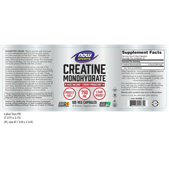 Креатин NOW Foods Creatine Monohydrate 750 mg 120 caps | Зображення 2