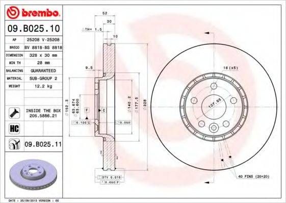 Диск гальмівний передн. (вир-во BREMBO) BREMBO 09B02511 на VOLVO XC60 универсал