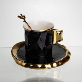 Чашка порцелянова для кави 200 (мл) з блюдцем і ложкою, гарна чашка в подарунок Чорний із золотом FM-1A