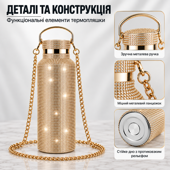Термопляшка 500 мл зі стразами та ланцюжком, нержавіюча сталь, Золотиста у подарунковій коробці | Зображення 2
