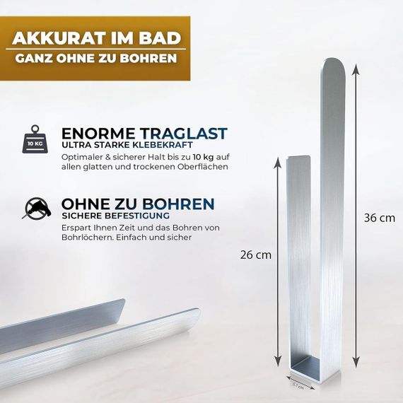 Тримач для рушників самоклеючий настінний 36 см до 10 кг, сріблястий для ванної та кухні нержавіюча сталь з клейкими смужками | Зображення 1