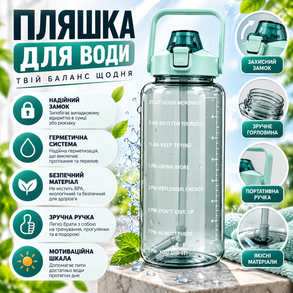 Спортивная бутылка для воды SPORT 2 л BPA-free с мотивирующей шкалой, ручкой и фиксатором, зеленый градиент | Зображення 4