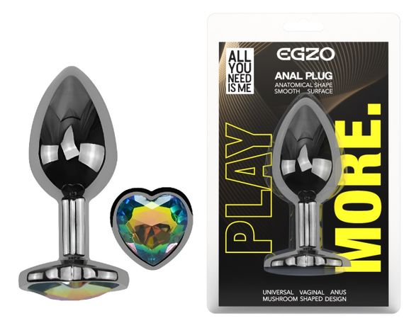 Анальна пробка з кристалом EGZO - Dark Silver Heart Plug Rainbow size M Sex Aura