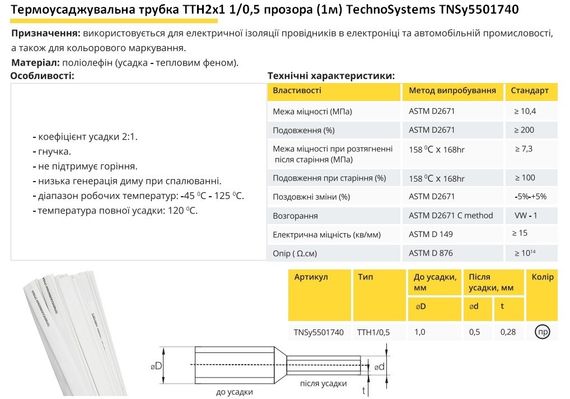 Термоусадочная трубка ТТН2х1 1/0.5 прозрачная 1 метр Ny95501740 | Зображення 1