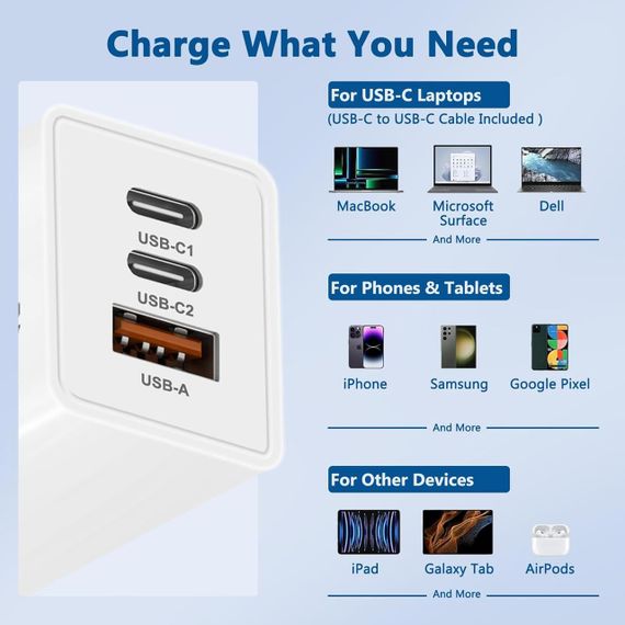 Зарядний пристрій USB C потужністю 65 Вт, 3 порти PD3.0 GaN, швидке заряджання Type C, подавання живлення з кабелем | Зображення 4