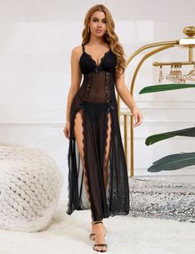 Сукня-пеньюар максі з розрізами Star Night з трусиками, з мереживом, чорна, L sexstyle