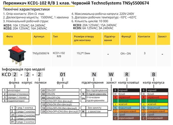 Переключатель KCD1-102 R/B 1 клавиша красный Ny95500674 | Зображення 1