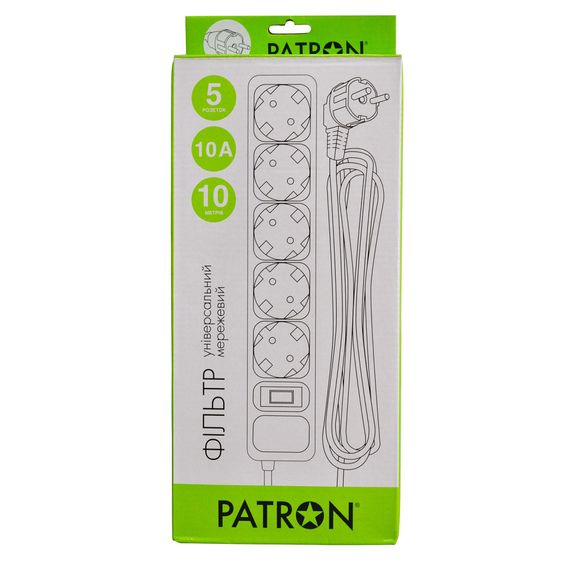 Мережевий фільтр живлення Patron 10 m3*1mm2 (SP-10510) 5 розеток BLACK (EXT-PN-SP-10510) | Зображення 1