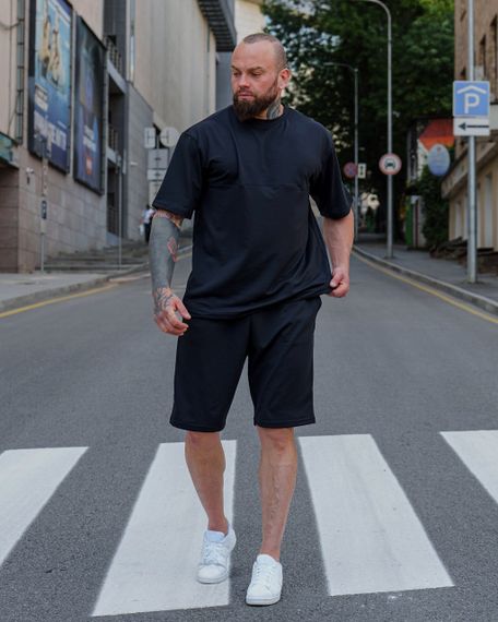 Мужской летний костюм оверсайз с шортами и футболкой BD0023 цвет черный, размер S