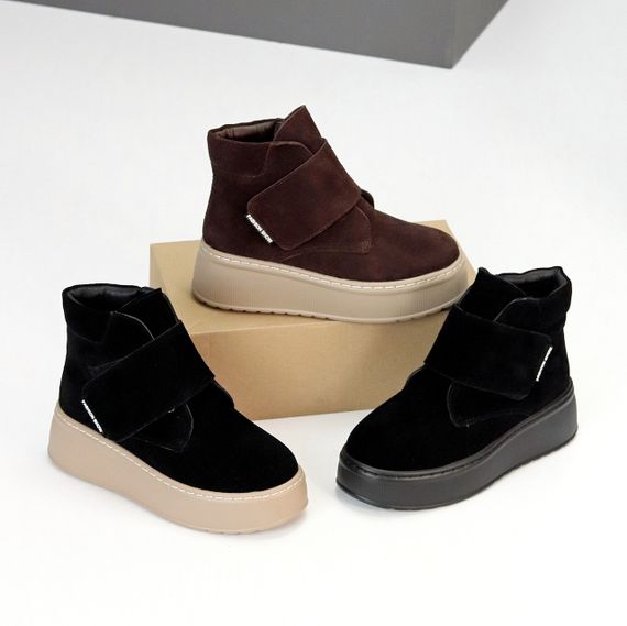 Модні замшеві зимові чорні прошиті черевики на бежевій платформі | Зображення 9