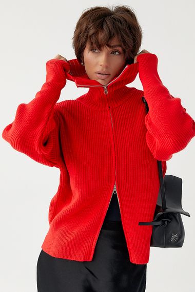 В'язаний кардиган на блискавці з високим коміром - червоний цвет, ONE SIZE (є розміри) | Зображення 4