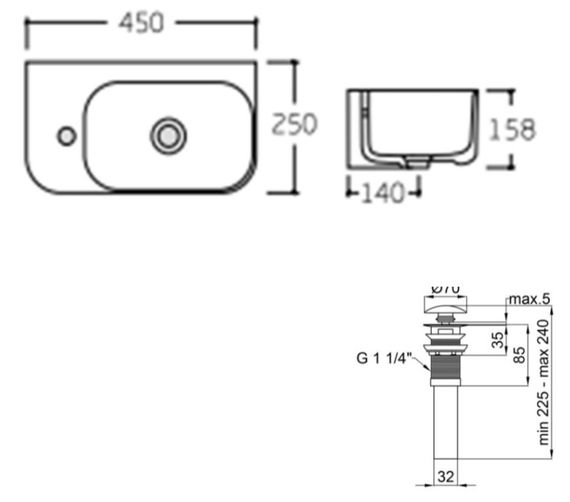 Комплект Qtap Tern: Раковина підвісна прямокутна ліва 450х250х158 мм White + Донний клапан PU02O (QT17115117LWN47327) | Зображення 1