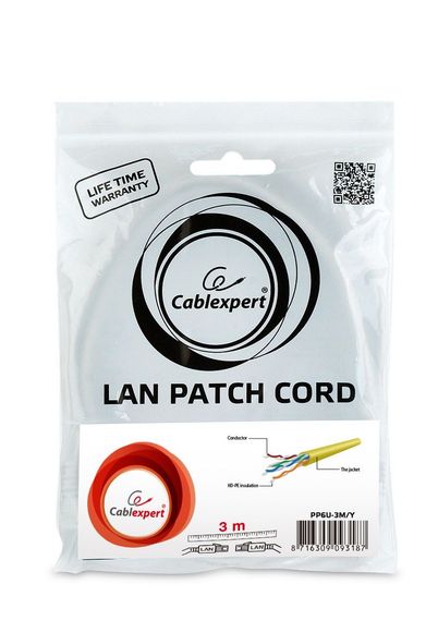 Патч корд Cablexpert PP6U-3M/Y, UTP, категорія. 6, литий,  50u" штекер із фіксатором, 3 м, жовтий | Зображення 3
