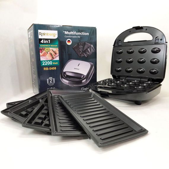 Мультимейкер Rainberg RB-5408 4 в 1 вафельниця, бутербродниця, ліщина, гриль 2200 Вт електрогриль