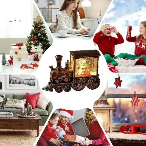 Ночник "Рождественский поезд" (13×8.5 см) Новогодний паровоз со снеговиком (светильник) / Декоративный снежный светильник HC-D013 | Зображення 1